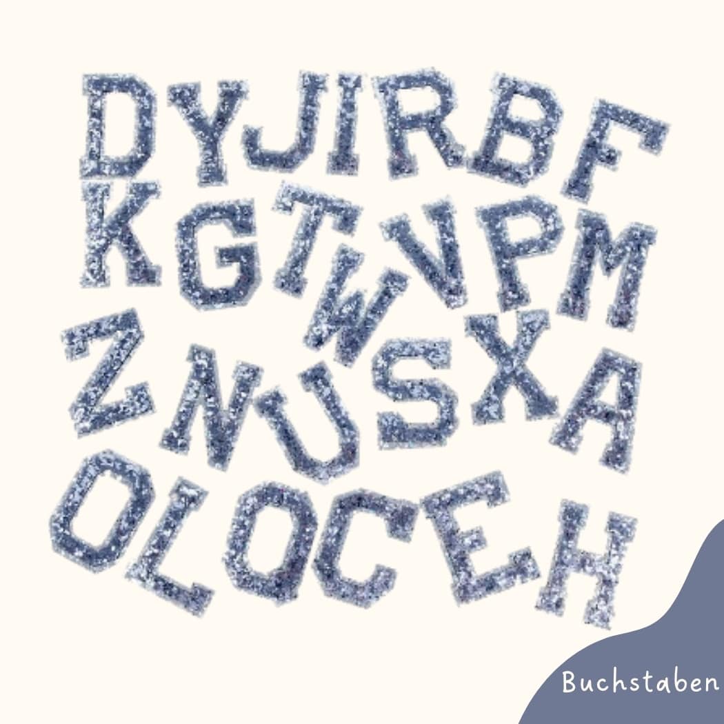 Bügelbild für Kinder von Funkey Monkey – glitzernde silberne Buchstaben zur individuellen Gestaltung von Kleidung