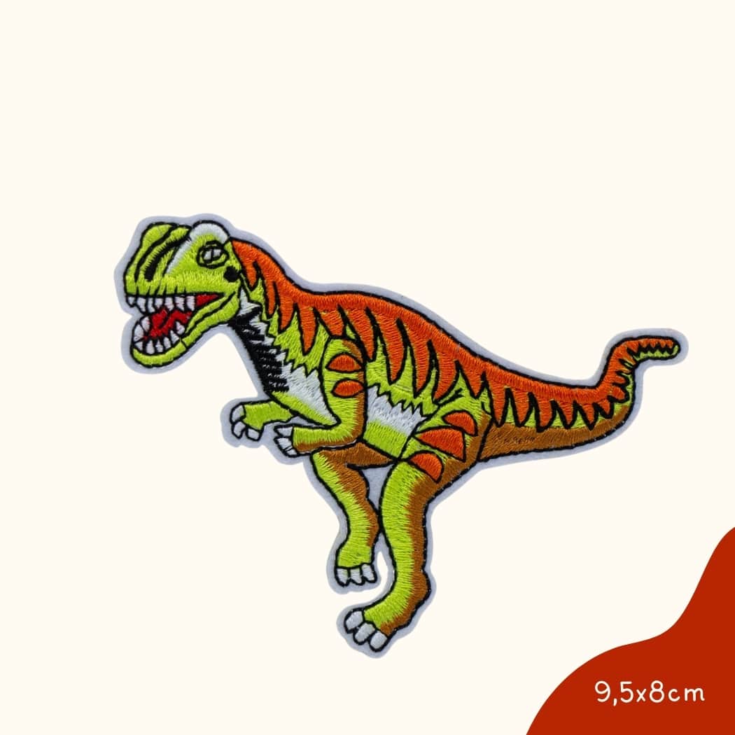 Funkey Monkey Bügelbild – Dinosaurier grün orange, ideal für die kreative und bunte Gestaltung von Kinderkleidung mit einem einzigartigen Dinosaurier-Motiv.