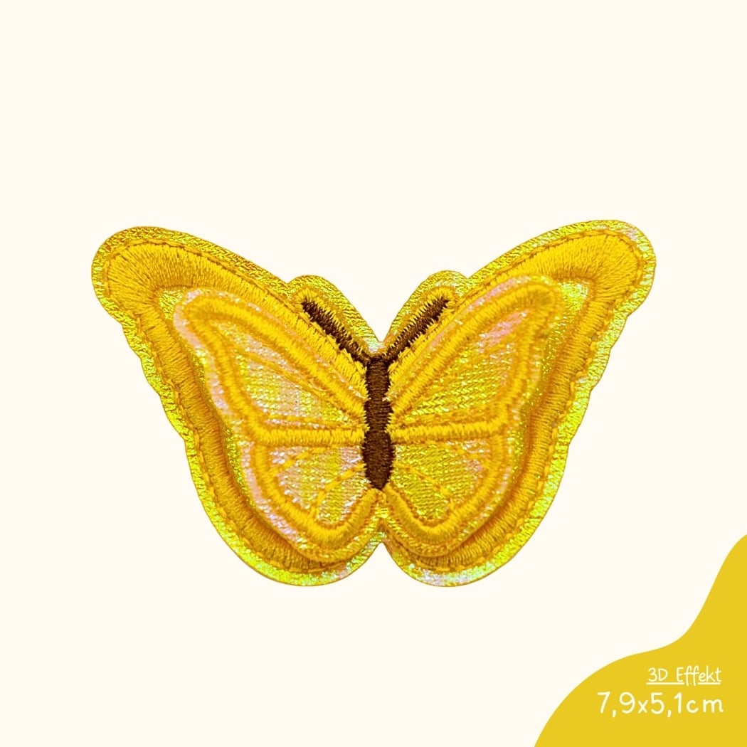Funkey Monkey Bügelbild – gelber Schmetterling mit 3D-Effekt, perfekt zur kreativen und individuellen Gestaltung von Kleidung für Kinder.