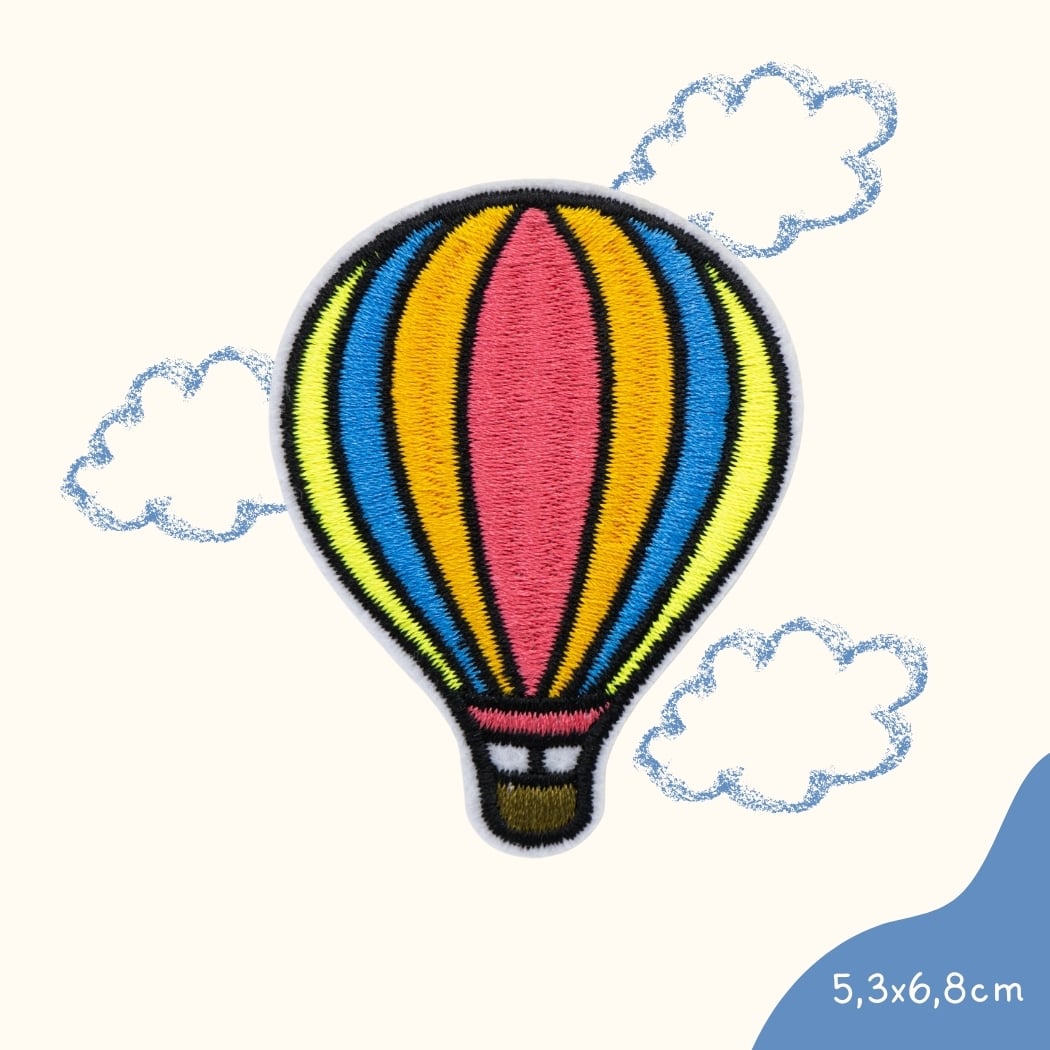 Funkey Monkey Bügelbild – Heißluftballon Streifen, ideal zur kreativen und abenteuerlichen Gestaltung von Kinderkleidung.