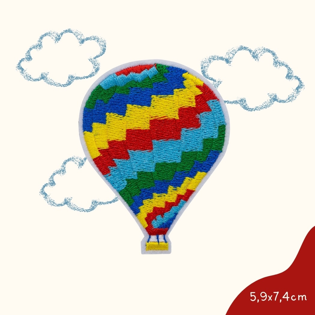 Funkey Monkey Bügelbild – Heißluftballon Bunt, ideal zur kreativen und abenteuerlichen Gestaltung von Kinderkleidung mit einem lebendigen Heißluftballon-Motiv.