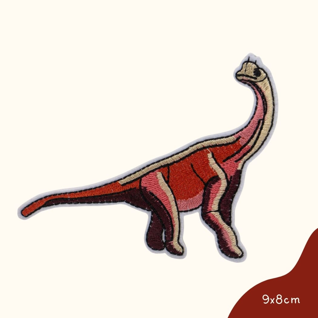 Funkey Monkey Bügelbild – Langhals Dinosaurier rot, ideal für eine kreative und individuelle Gestaltung von Kinderkleidung mit einem lebhaften roten Dinosaurier-Design.