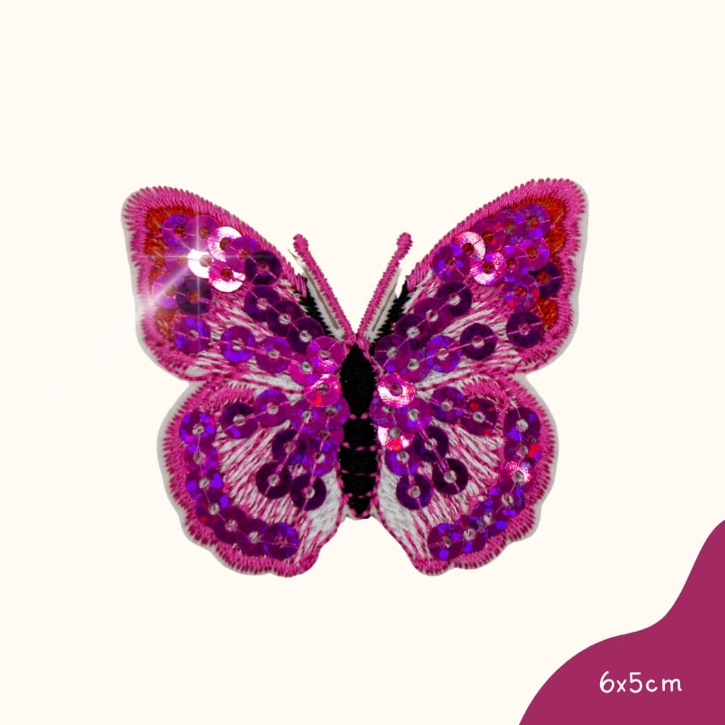 Bügelbild für Kinder von Funkey Monkey – pinker Schmetterling mit schimmernden Pailletten, perfekt zur individuellen Gestaltung von Kleidung