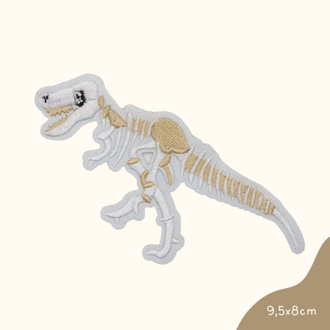 Funkey Monkey Bügelbild – Skelett Dinosaurier, ideal für die kreative und außergewöhnliche Gestaltung von Kinderkleidung mit einem coolen Dinosaurier-Skelett-Motiv.