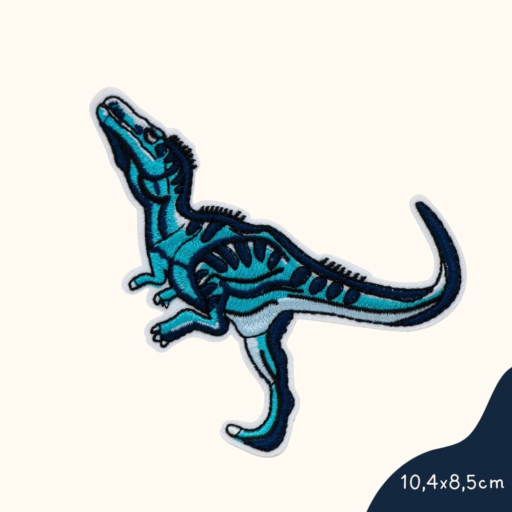 Funkey Monkey Bügelbild – Wilder Dinosaurier blau, ideal zur kreativen und abenteuerlichen Gestaltung von Kinderkleidung.