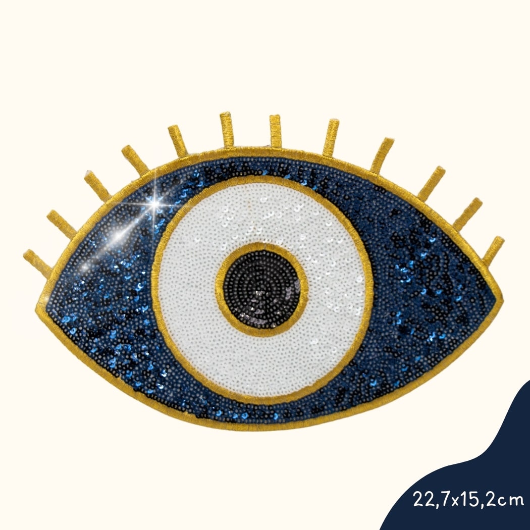 Funkey Monkey Bügelbild – XL Glitzer Auge Blau, ideal für die kreative und glitzernde Gestaltung von Kinderkleidung.
