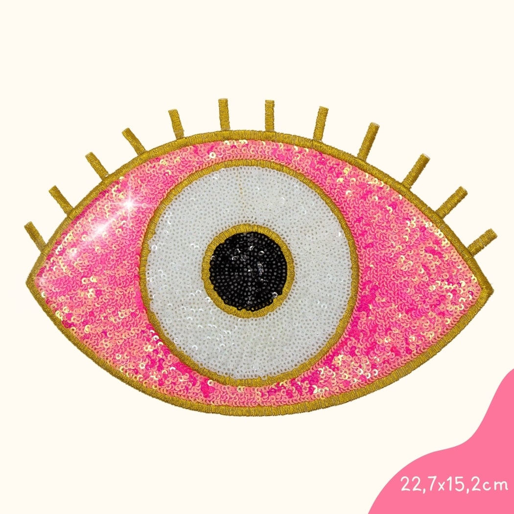 Funkey Monkey Bügelbild – XL Glitzer Auge Pink, ideal zur kreativen und glitzernden Gestaltung von Kinderkleidung.