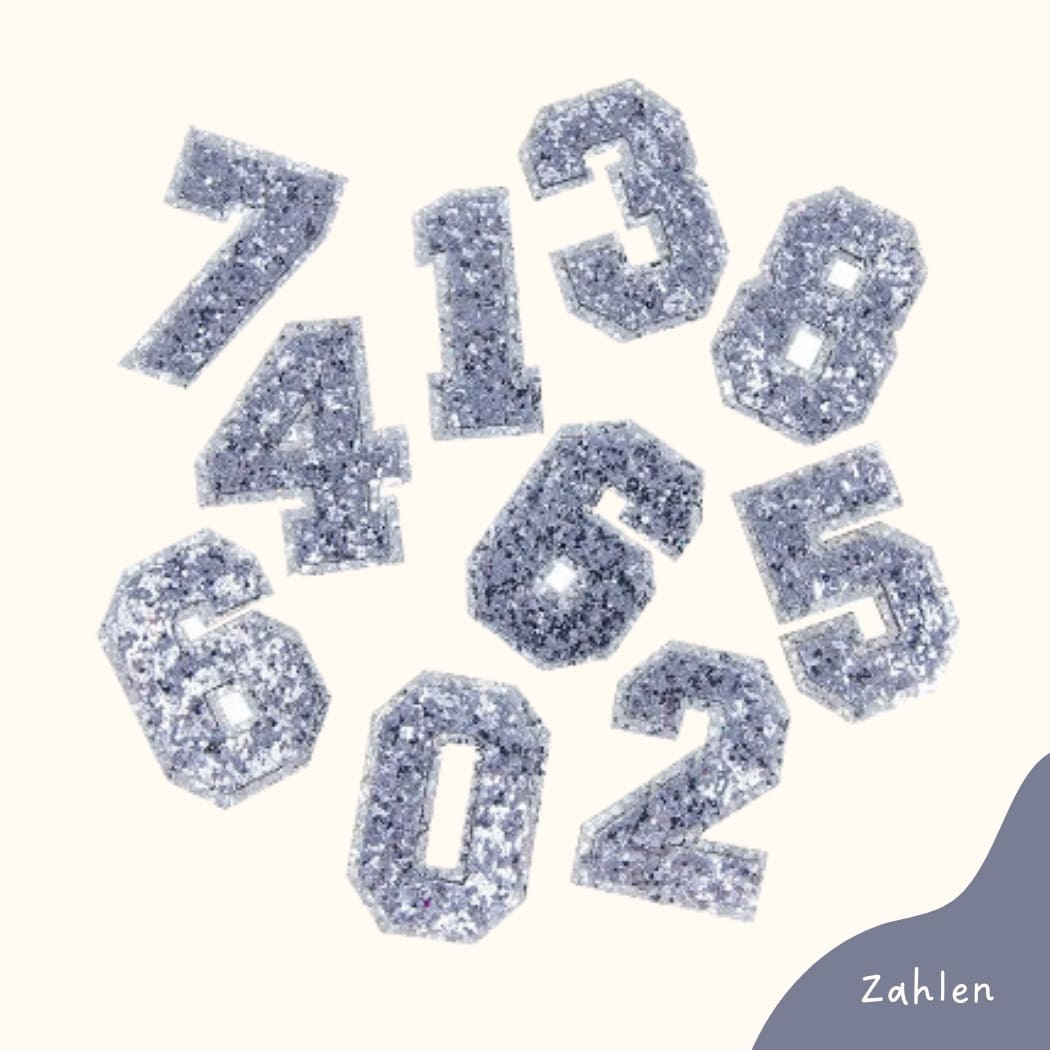 Bügelbild für Kinder von Funkey Monkey – glitzernde silberne Zahlen zur individuellen Gestaltung von Kleidung
