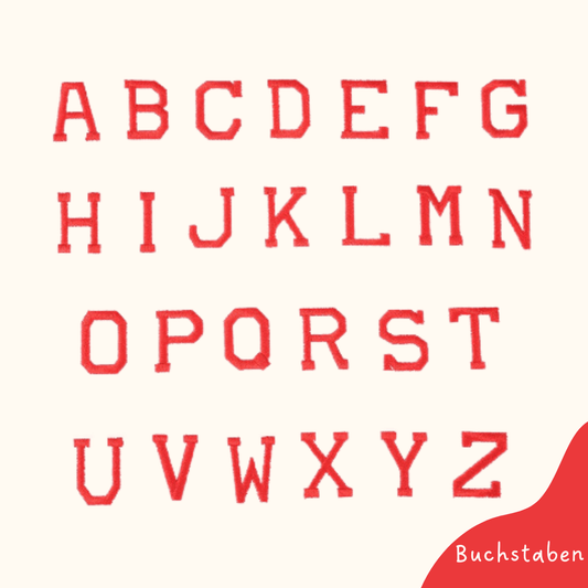 Bügelbild für Kinder von Funkey Monkey – einzelne Buchstaben in kräftigem Rot zur individuellen Gestaltung von Kleidung

