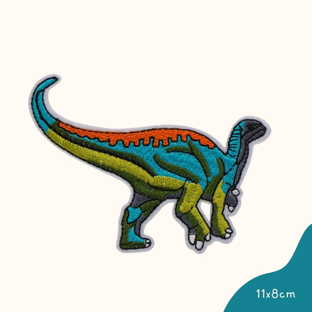 Funkey Monkey Bügelbild – Langhals Dinosaurier bunt, ideal für die farbenfrohe und kreative Gestaltung von Kinderkleidung mit einem freundlichen Dinosaurier-Design.