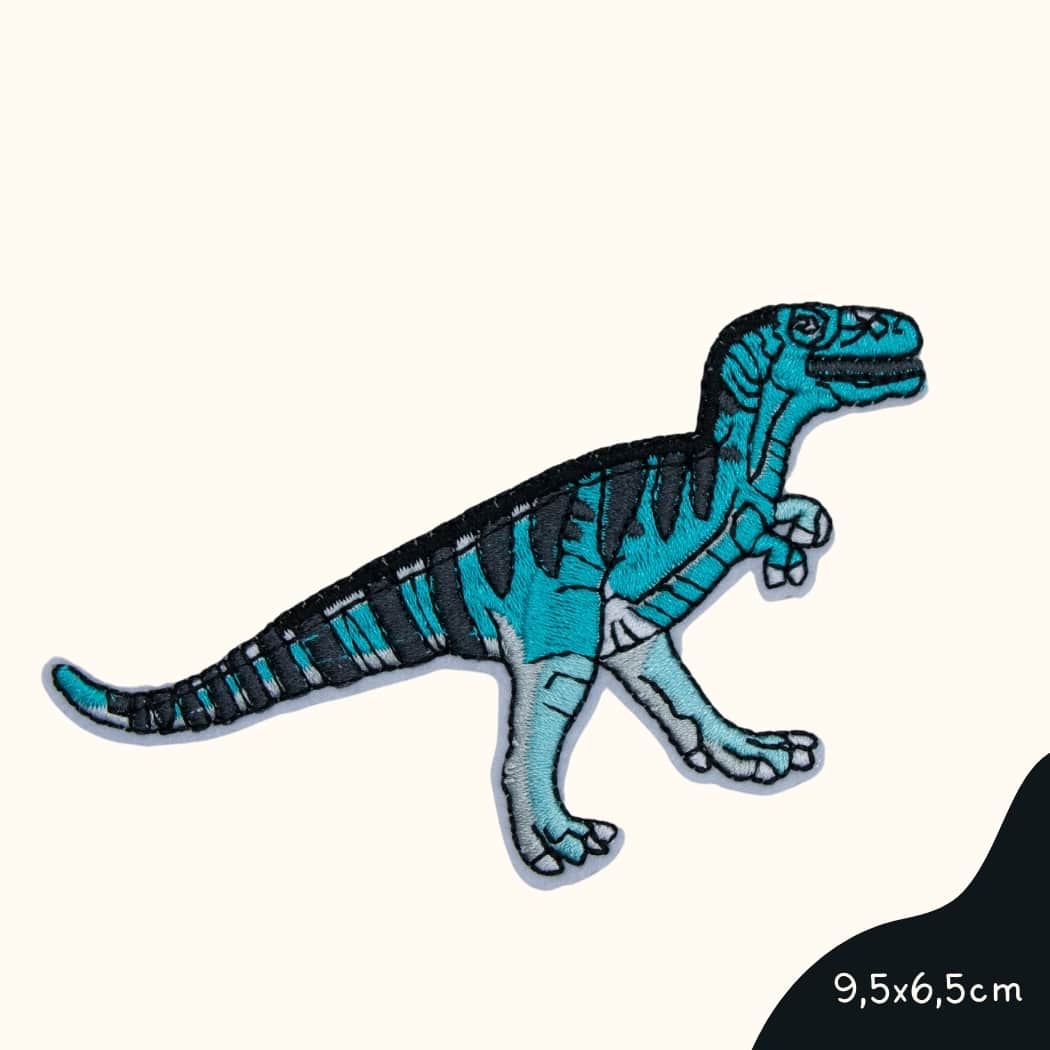 Funkey Monkey Bügelbild – T-Rex Dinosaurier blau, ideal für die kreative und abenteuerliche Gestaltung von Kinderkleidung mit einem imposanten Dinosaurier-Design.